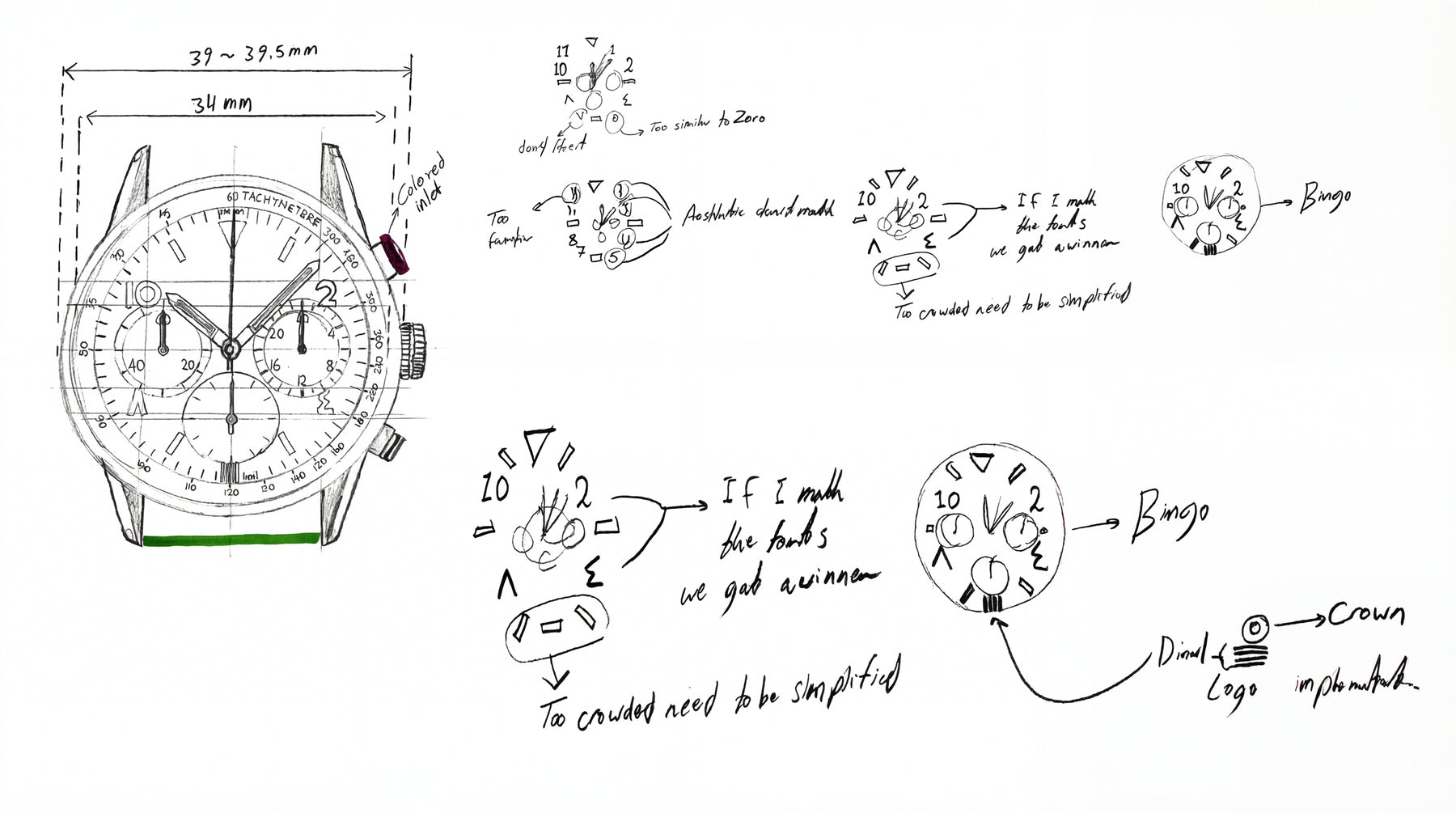 Hand sketches working out which numerals to keep on the dial